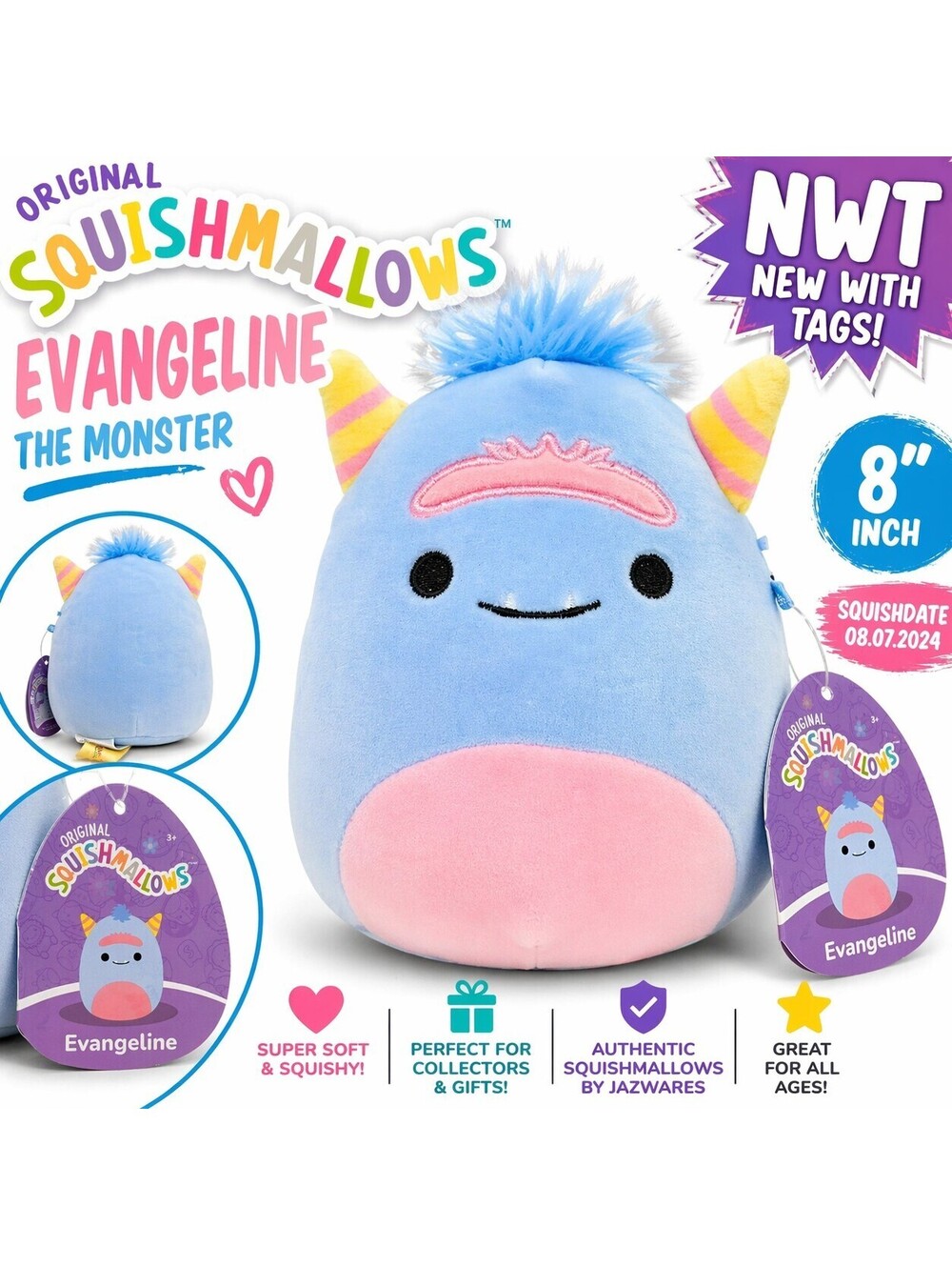 Squishmallows: Evangeline The Blue Monster - 8inch - With Tags - New
